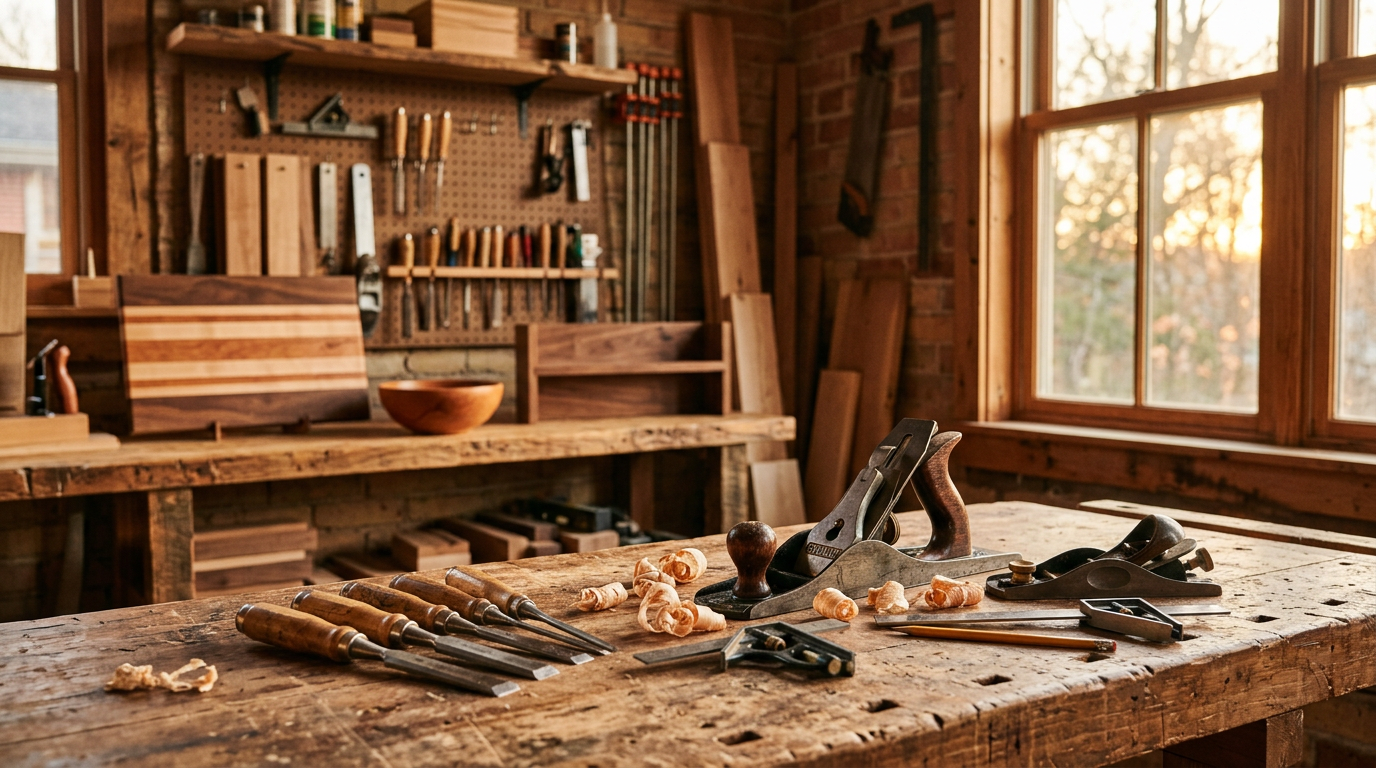 Beautiful woodworking workshop with tools and golden light